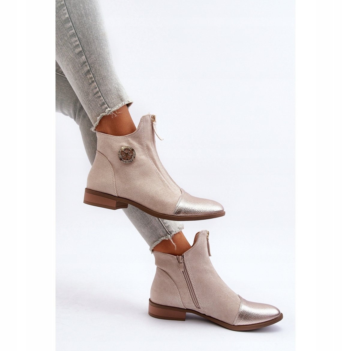 Beżowy Skóra ekologiczna Buty Botki r.39 Wzór dominujący bez wzoru