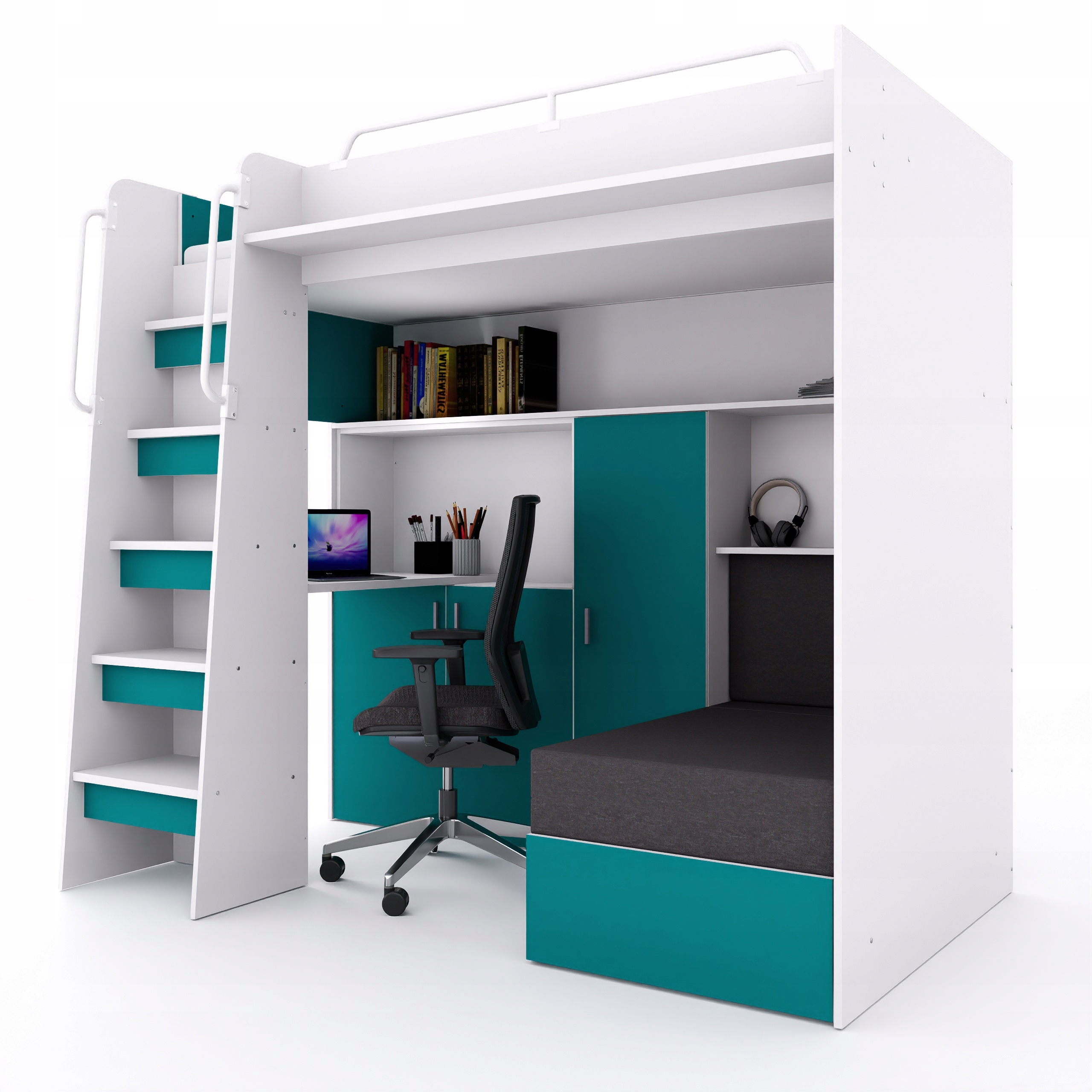 Łóżko piętrowe JSM7 z sofą i biurkiem materac Cezar K2