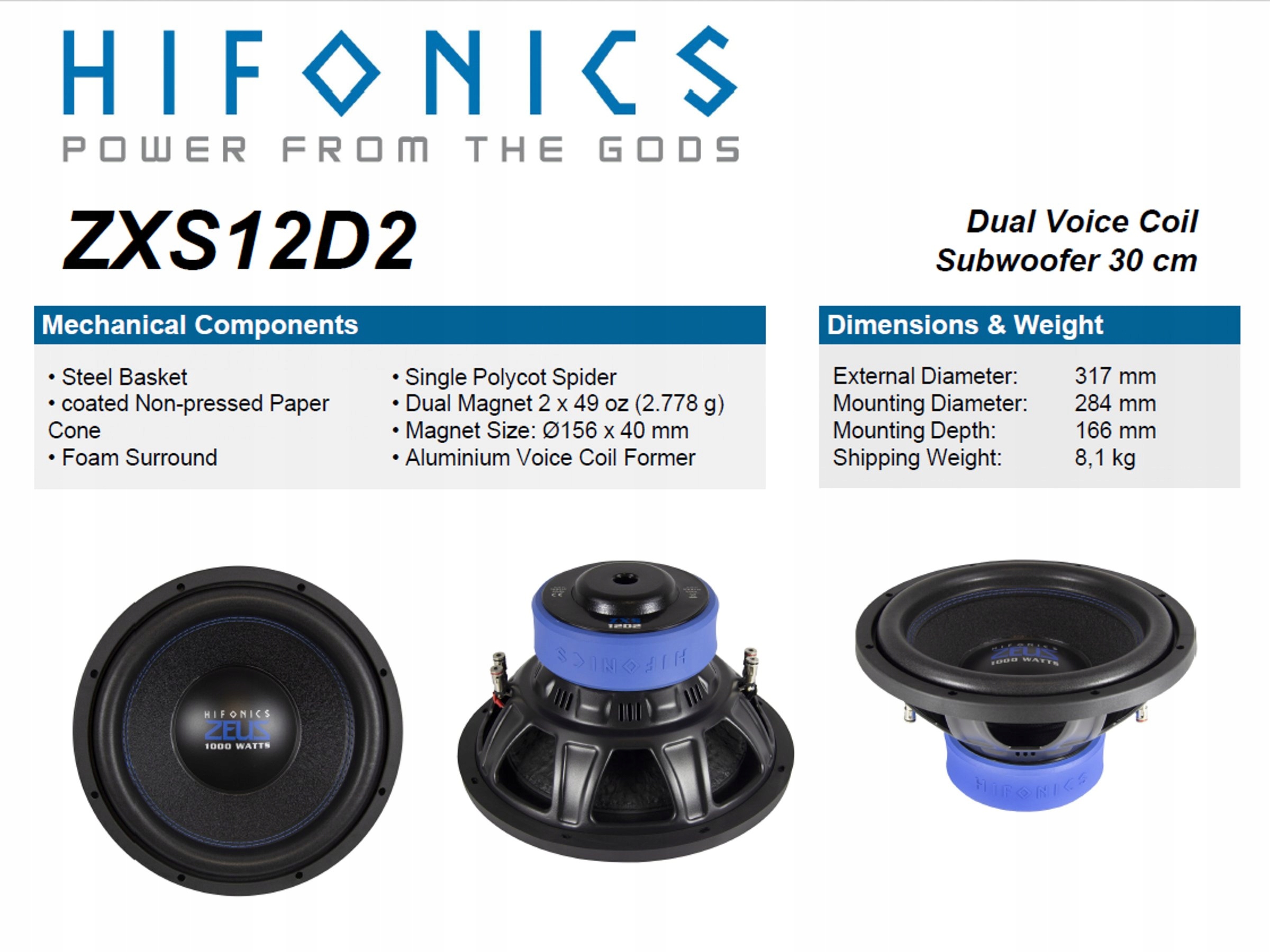 Głośnik niskotonowy subwoofer HiFonics ZXS12D2 30cm moc max 1000Wat 2x2Ohm Model HiFonics ZXS12D2