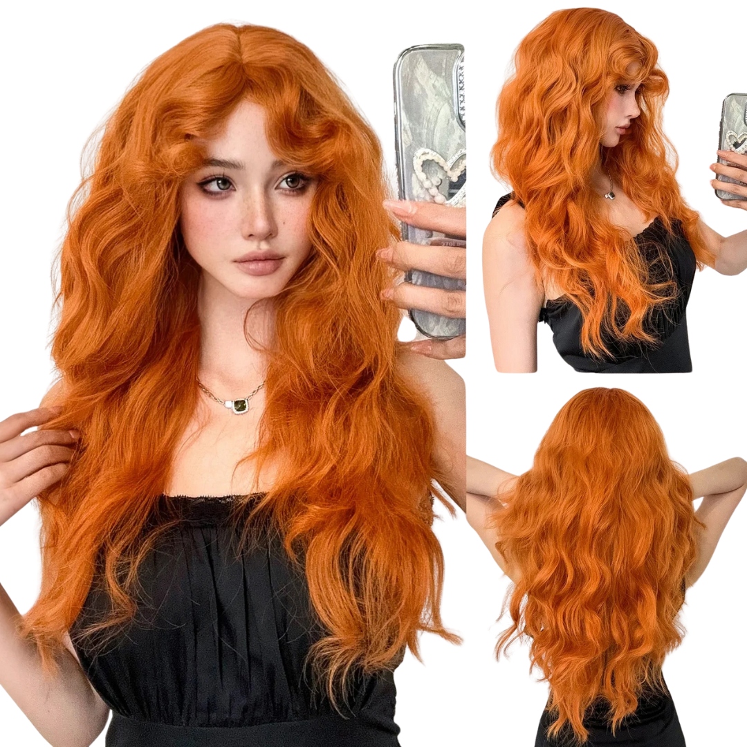 Paruka Dlouhé Syntetické Vlasy Vlnitá Ruda Vysoká Kvalita Oranžová