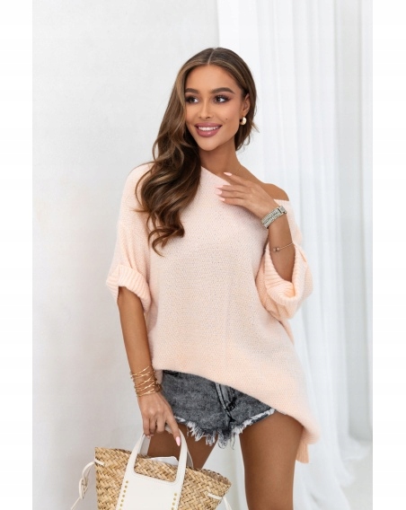 Pruhovaný svetr Nová Kolekce Jaro 2026 Oversize Bufiaste Rukávy Meruňka