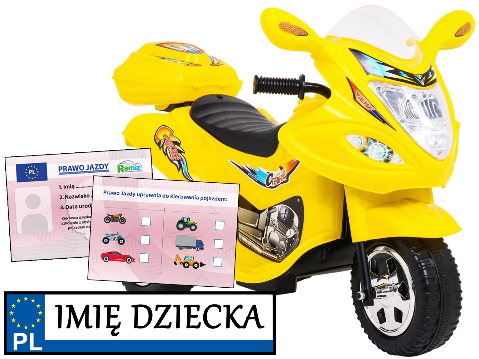 stabilny Motorek Trójkołowy melodyjki Personalizacja Tablic prawo jazdy