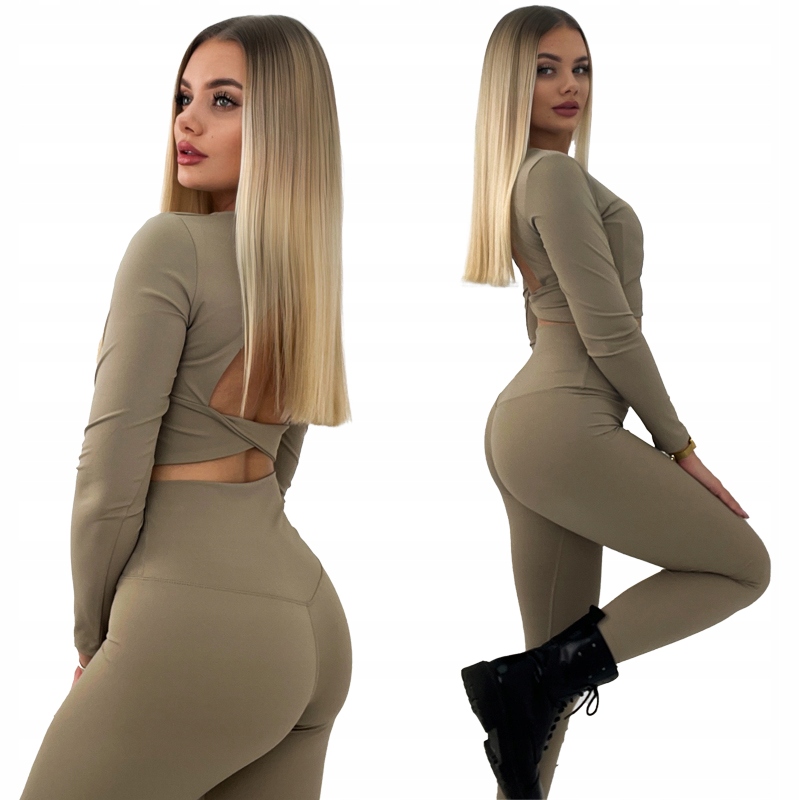 Sportovní komplet modelující legíny a odhalená záda mokka velikost M/L