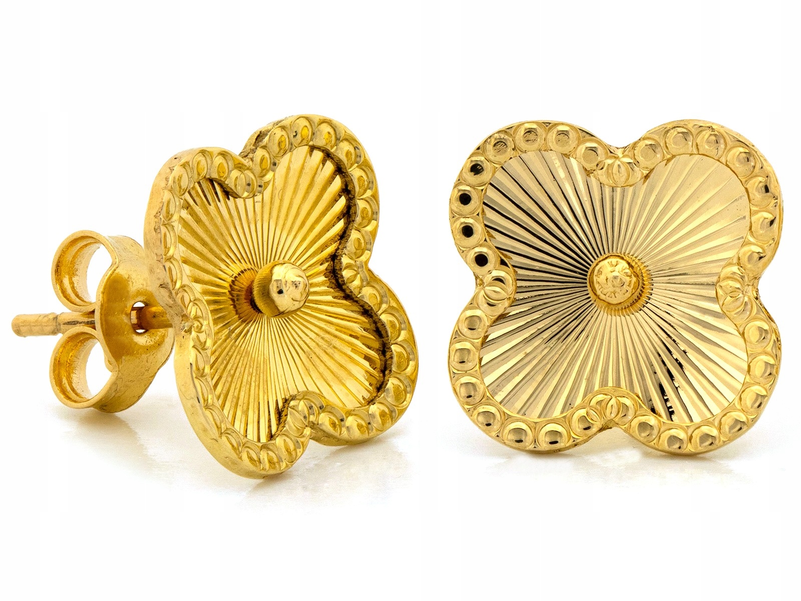 Zlaté 585 frézované náušnice s motivem jetele na tyčince 1.73 g