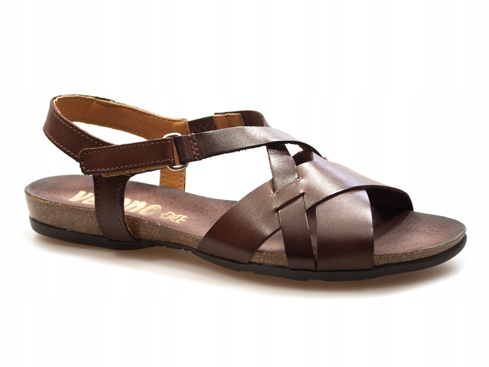 Skórzane sandały Verano rzymianki płaskie na rzepy gladiatorki Ciemny Brąz