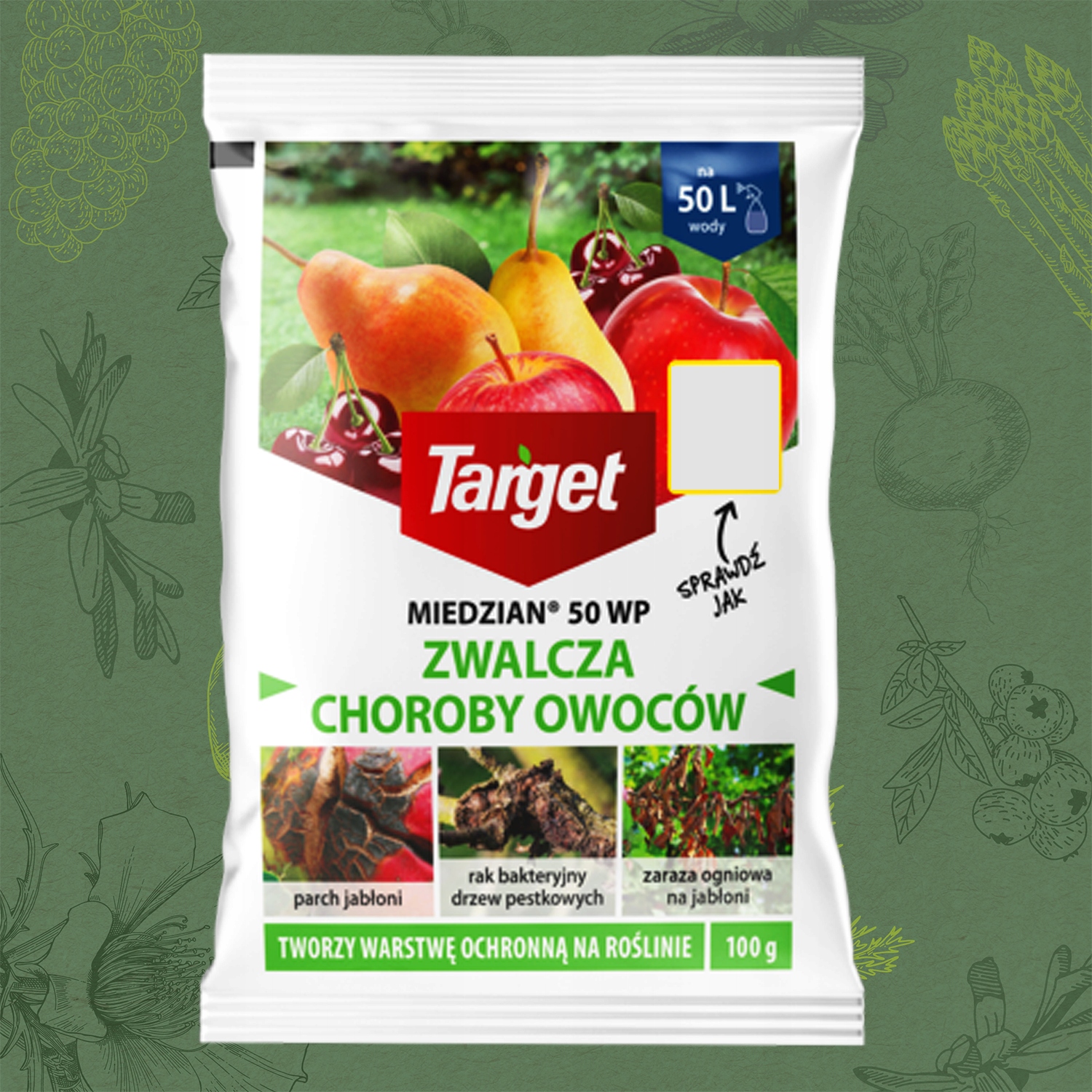 MIEDZIAN 50 WP ZWALCZA CHOROBY OWOCÓW GRZYBOBÓJCZY 100G TARGET Forma proszek