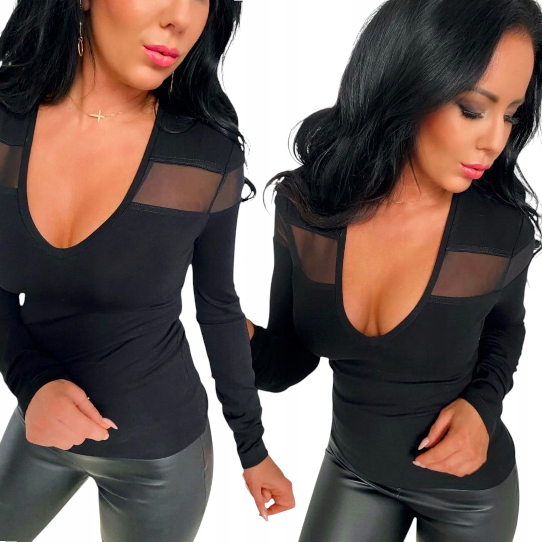 Sexy dámská halenka s výstřihem, černá, elastická, přiléhavá, velikost S 36