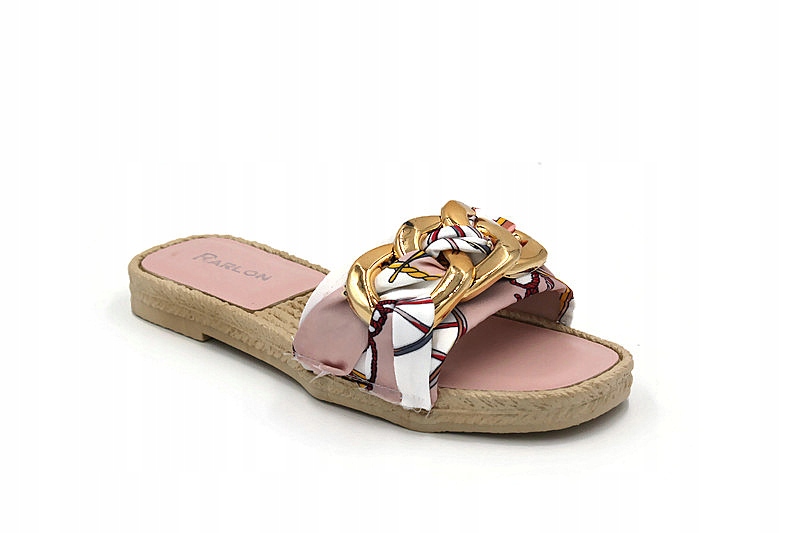 XS-8 L.PINK KLAPKI ZDOBIONE ZŁOTYM ŁAŃCUCHEM R.38