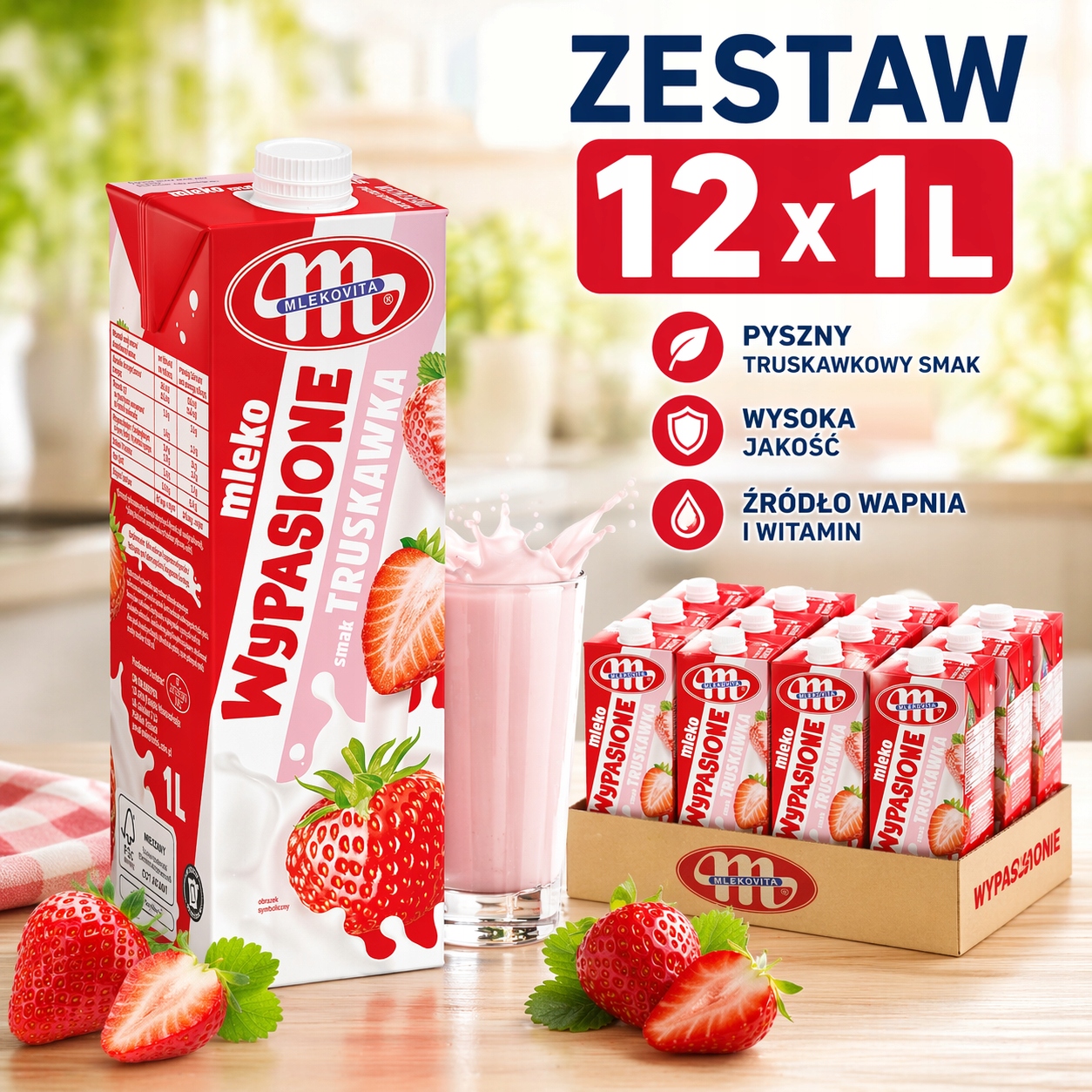 Mléko výtečné jahoda Mlekovita 1000 ml, sada 12x1 L