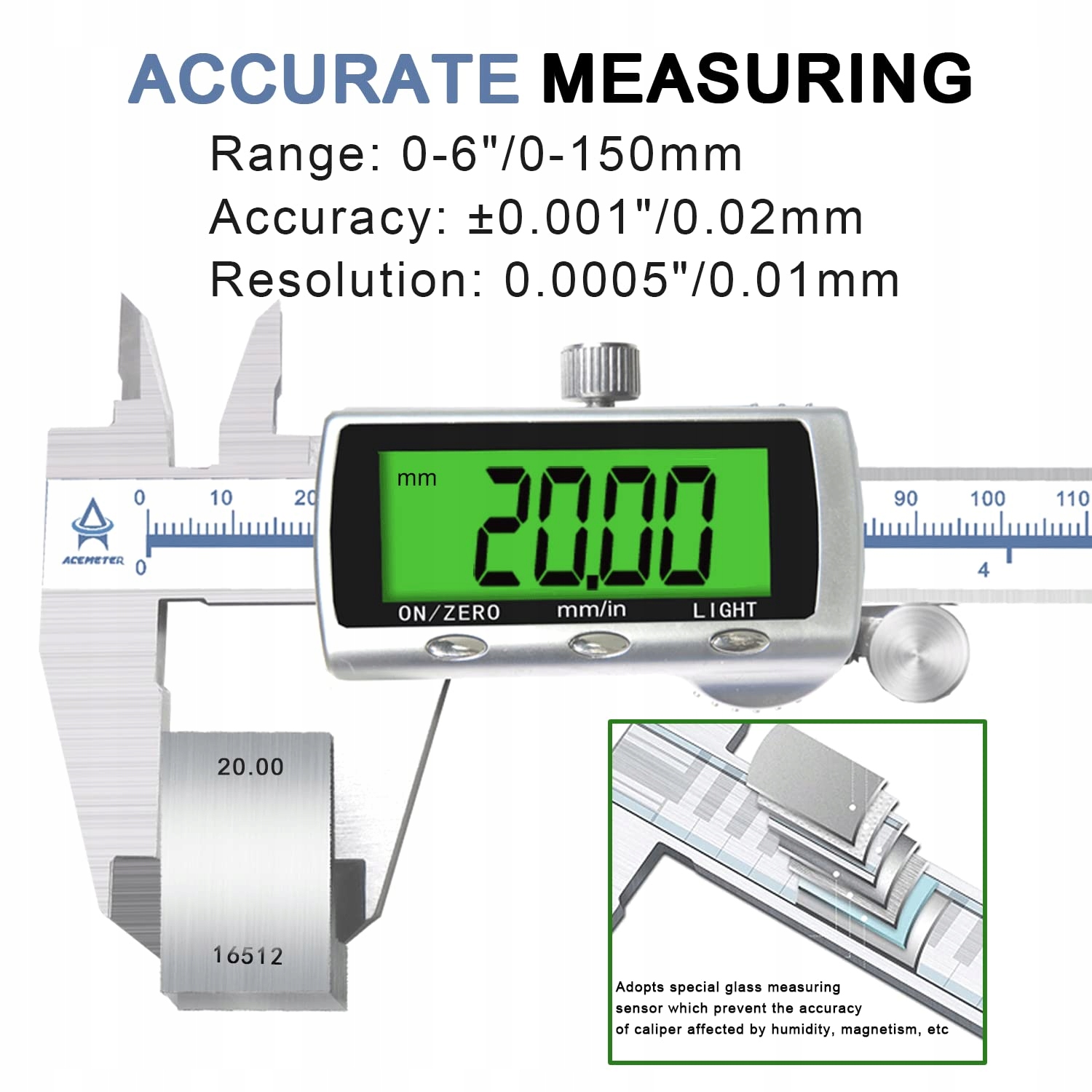 ACEMETER Suwmiarka Cyfrowa 150mm LCD Stal Nierdzewna IP54 Wodoodporna — miniatura 2