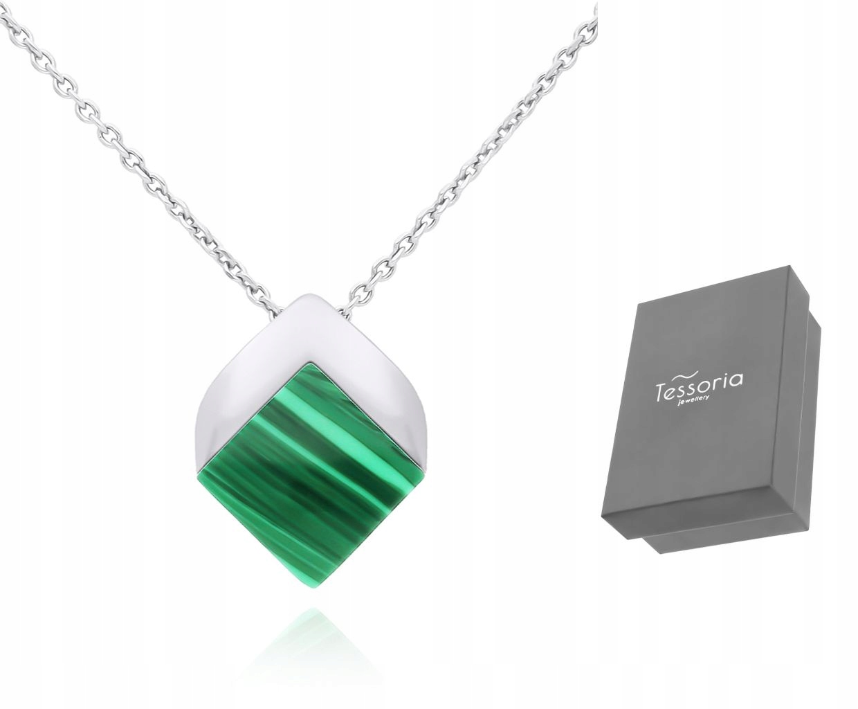 Stříbrný řetízek Dámský přívěsek Zelený Malachitový náhrdelník, délka 50 cm