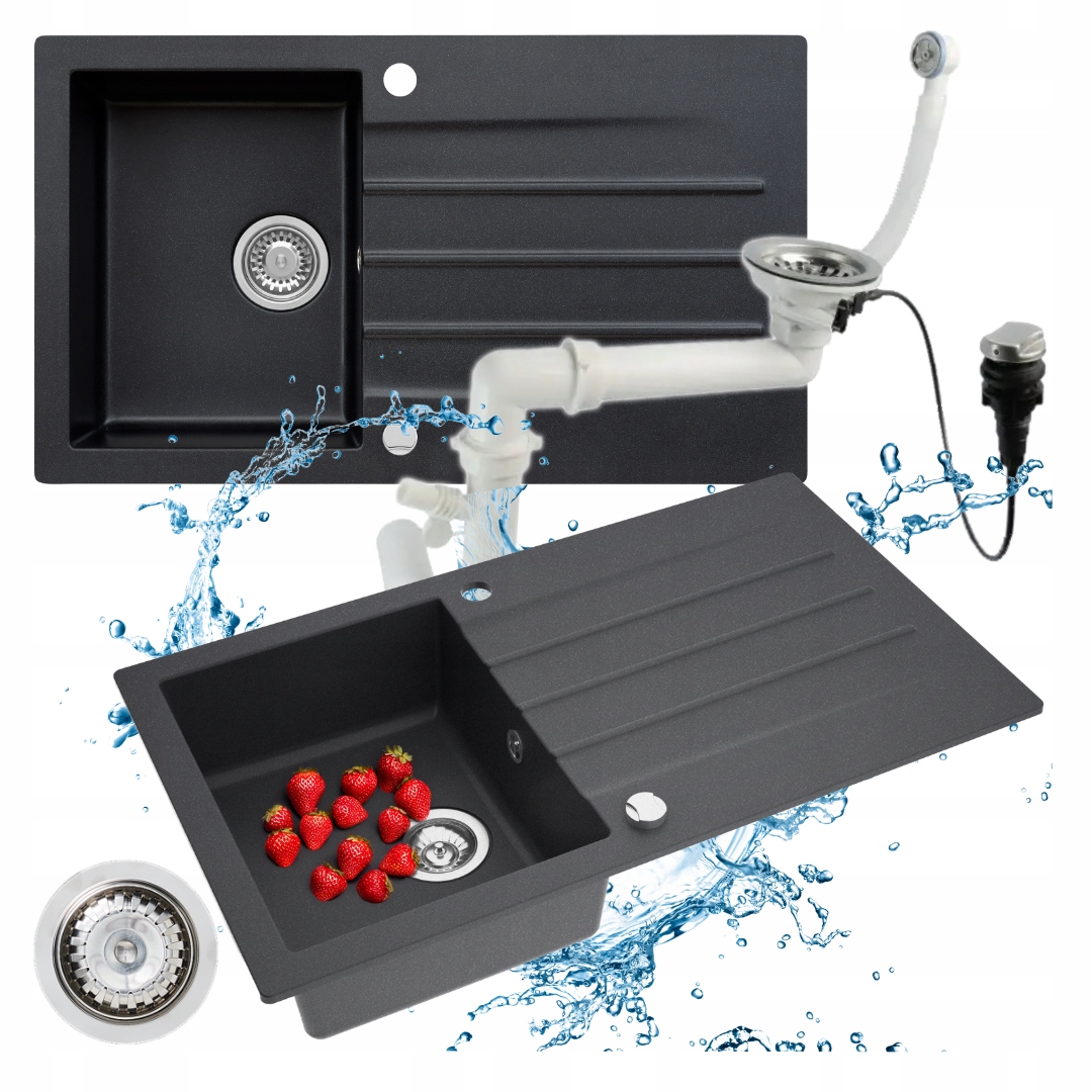 Granitový dřez Černý 86x50 jednokomorový Annie 100 v sadě Sifon