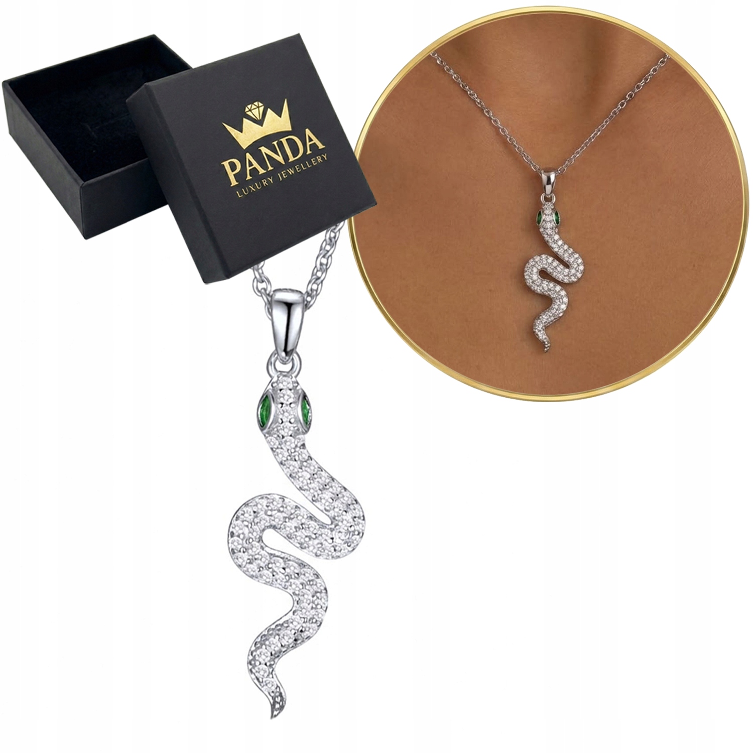 Stříbrný náhrdelník 925 Had Zmije Přívěsek Řetízek Zirkony Zelené oči