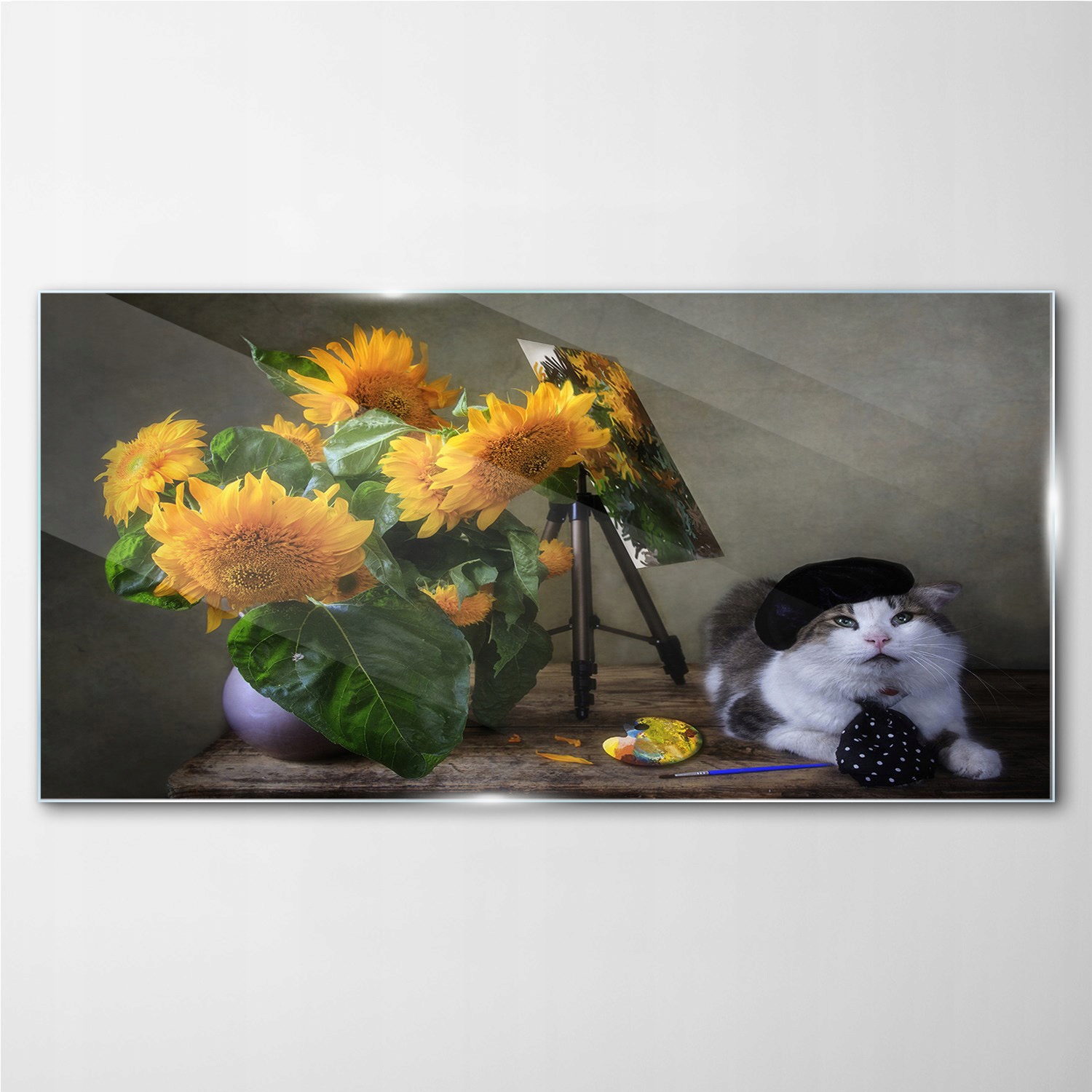 

Foto obraz szklany na ścianę Kwiaty kot 140x70 cm