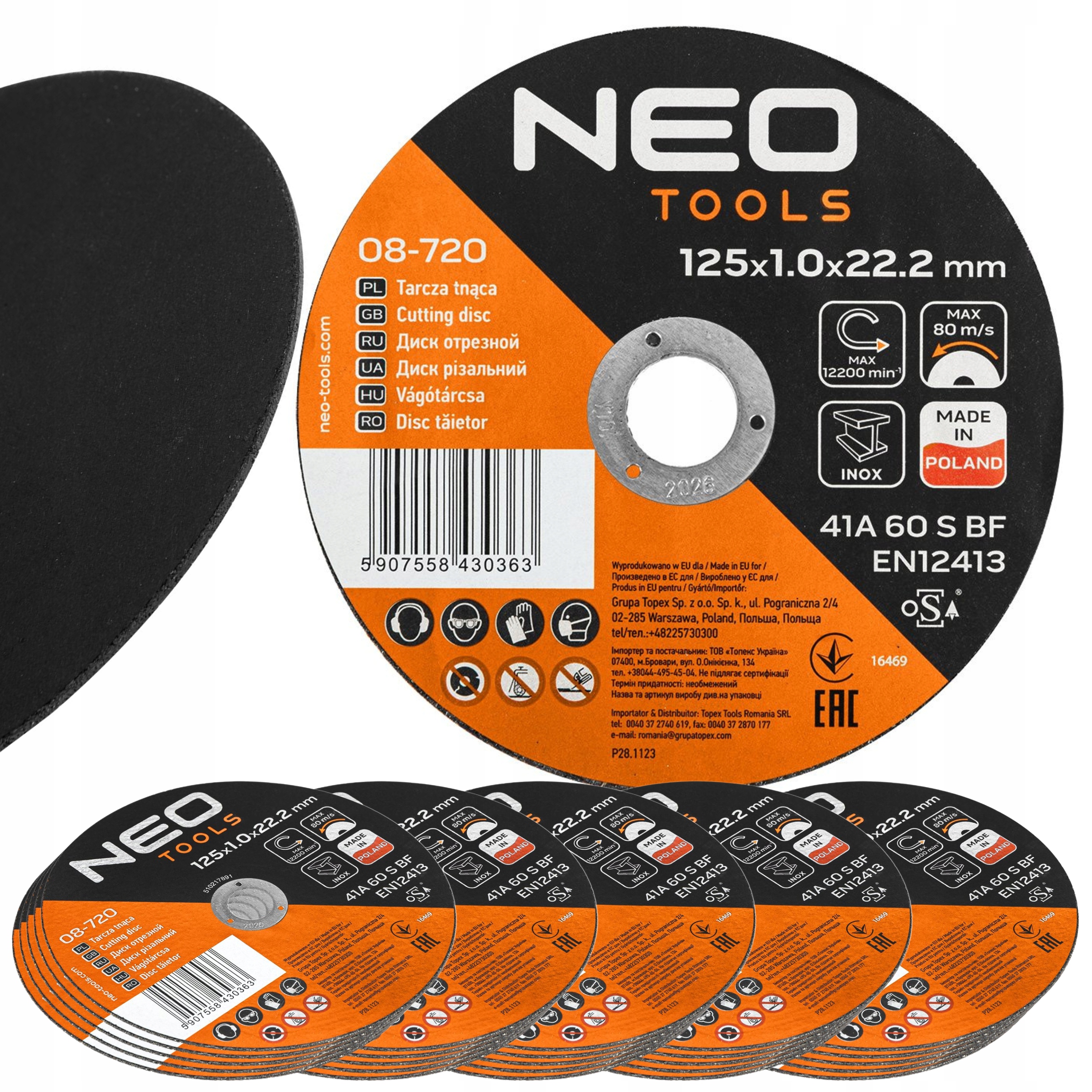 Neo Řezací kotouče na kov 41A 60 S Bf 125 x 1,0 x 22,23 Inox 25 kusů v balení