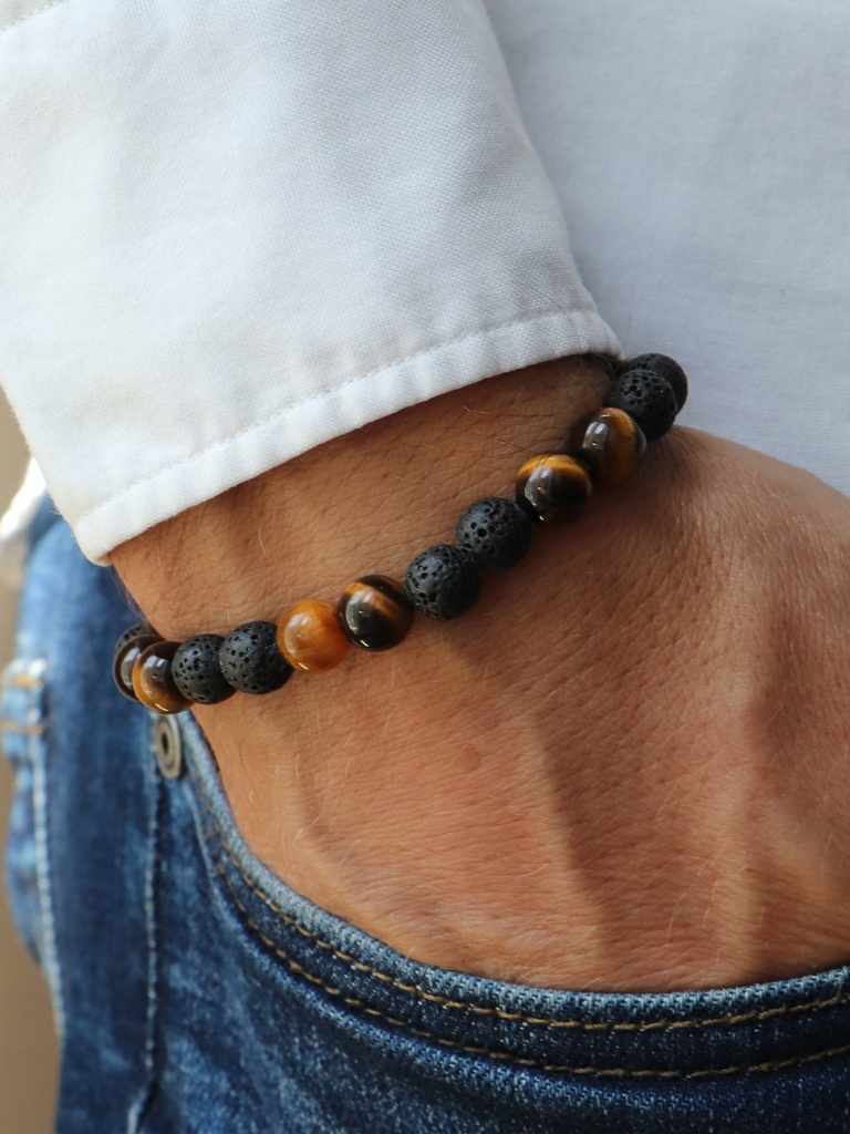 Pánský náramek – sopečná láva, tygří oko 22 cm