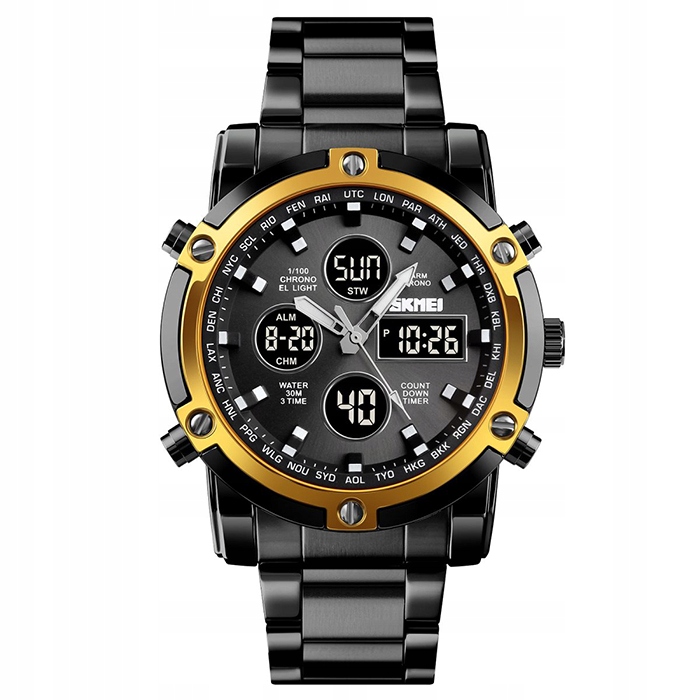 Pánské hodinky Skmei náramek stříbrný černý zlatý 12/24 h