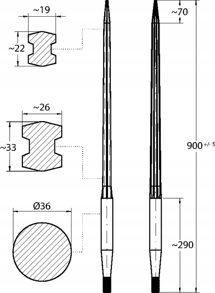 Ząb ładowacza, prosty, profil podwójne T 36x900 mm Producent części SHW