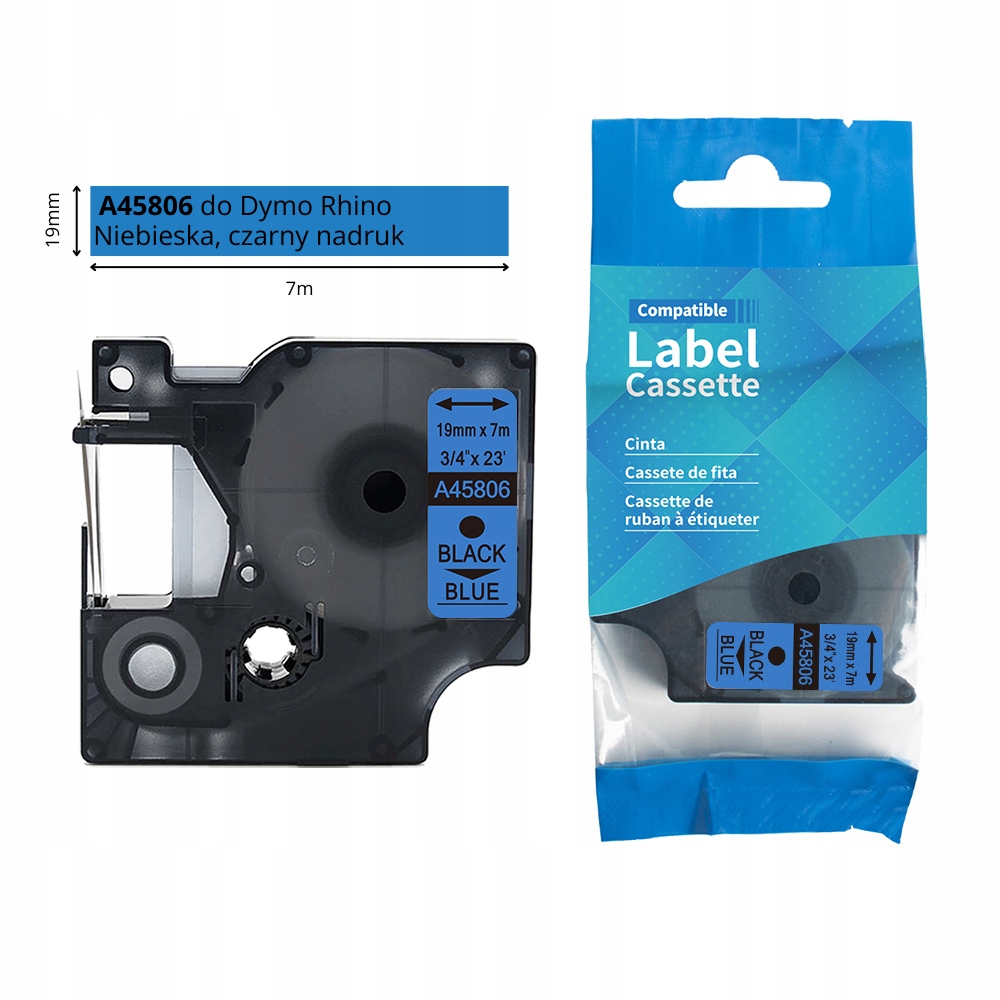 Taśma laminowana niebieska czarny nadruk 19mm x 7m A45806 do DYMO RHINO