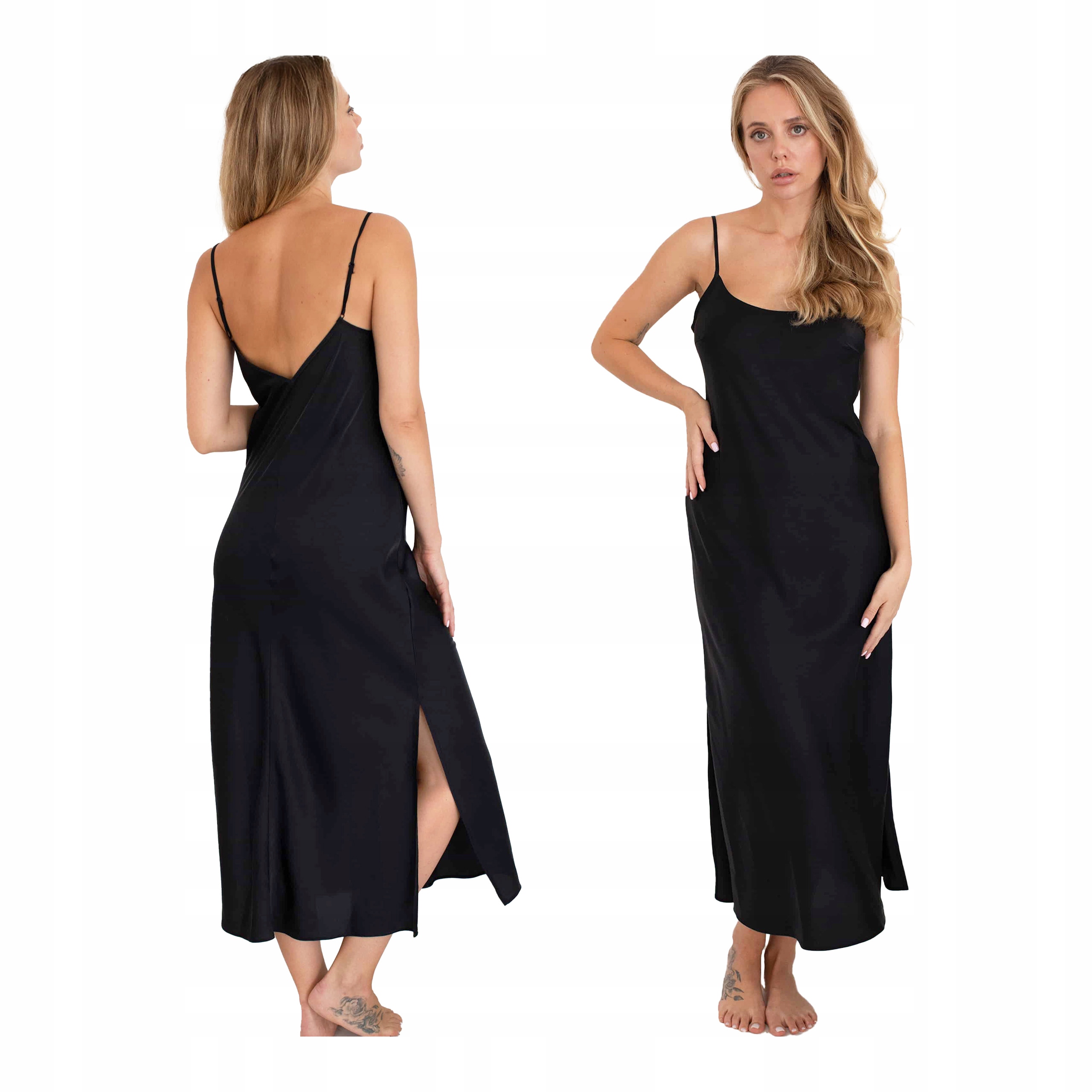 Košile noční saténová dámská černá dlouhá na ramínka pyžamo Kleo M