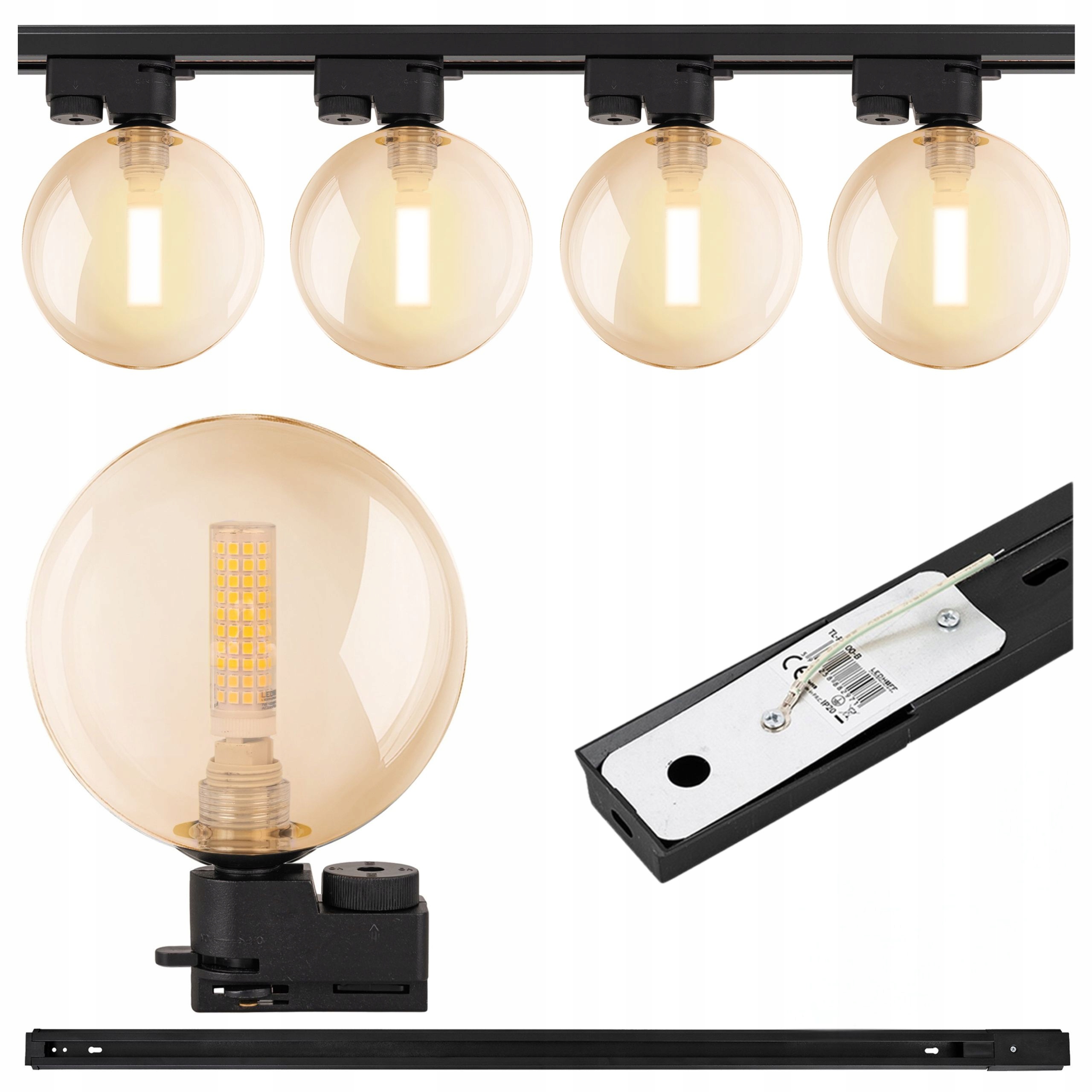 Koľajnicové osvetlenie Koľajnicový kábel 1 m 4x svietidlo G9 Sklenená guľa Led lampa