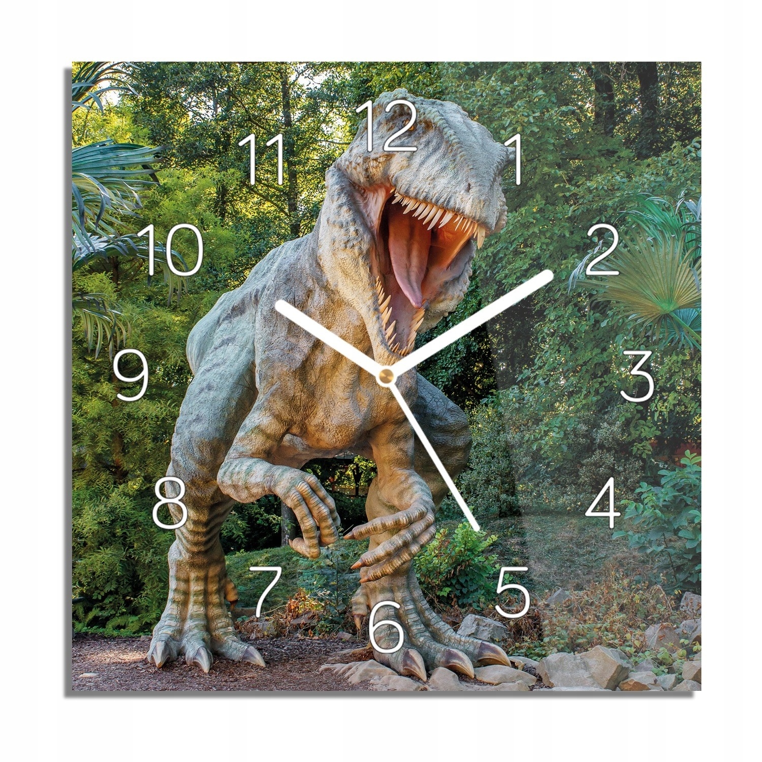 

Dinozaur T-rex las zegar szklany do salonu 30x30