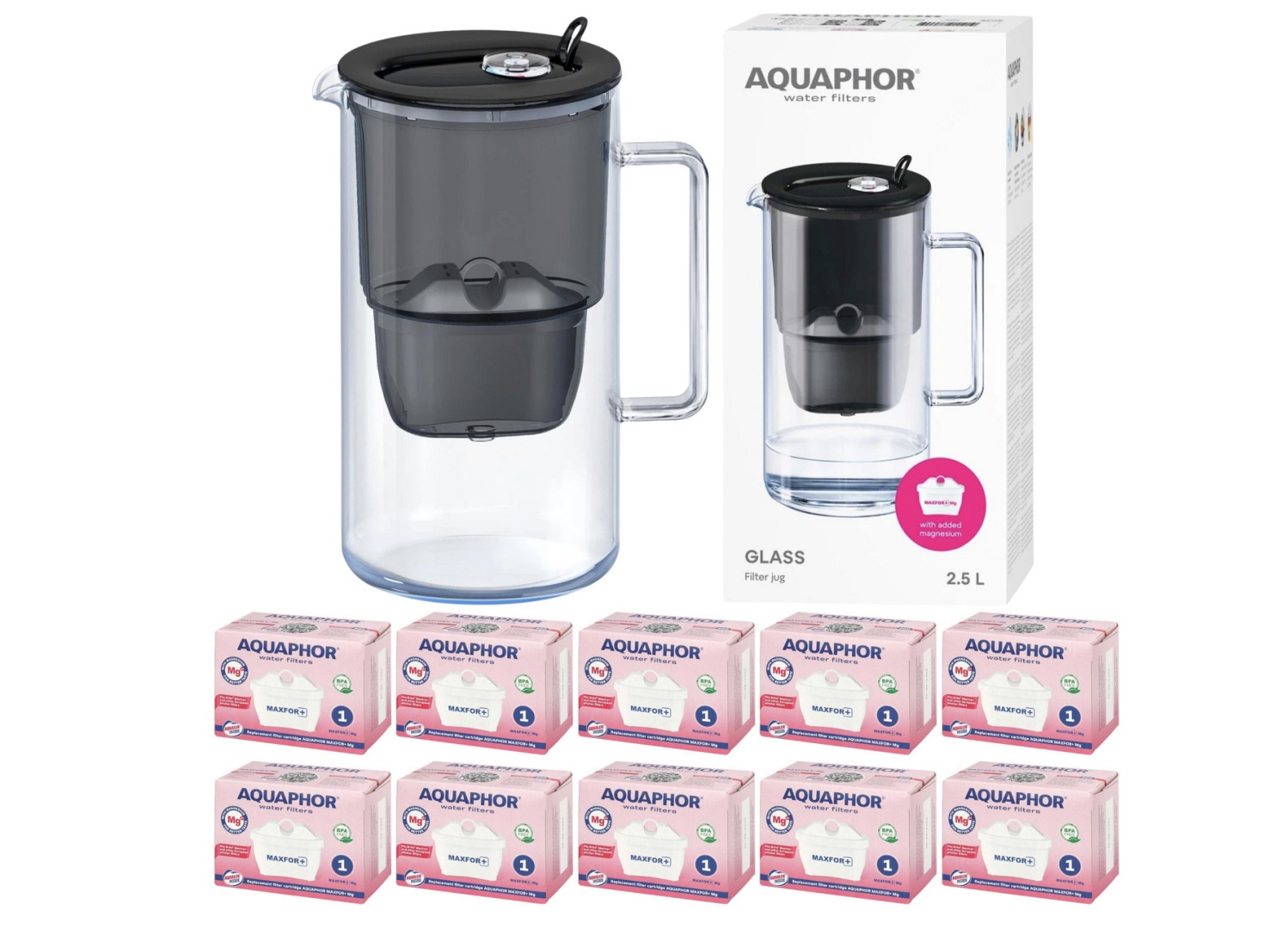 Szklany Dzbanek filtrujący wodę Aquaphor Glass Czarny +10 filtrów Maxfor+ M