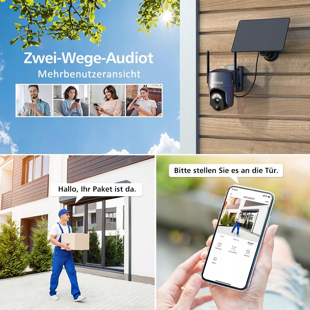 XEGA Zestaw 4 Kamer Solarnych Zewnętrznych HD PTZ WiFi PIR Audio — miniatura 4