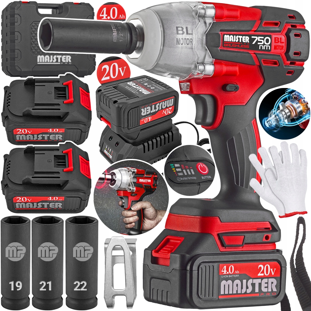 Elektrický Rázový Klíč 750 Nm! Akumulátorový Bezkartáčový Kol 20V mp0514