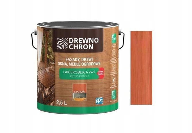 Drewnochron lakierobejca do drewna 2w1 fasady drzwi meble 2,5l mahoń