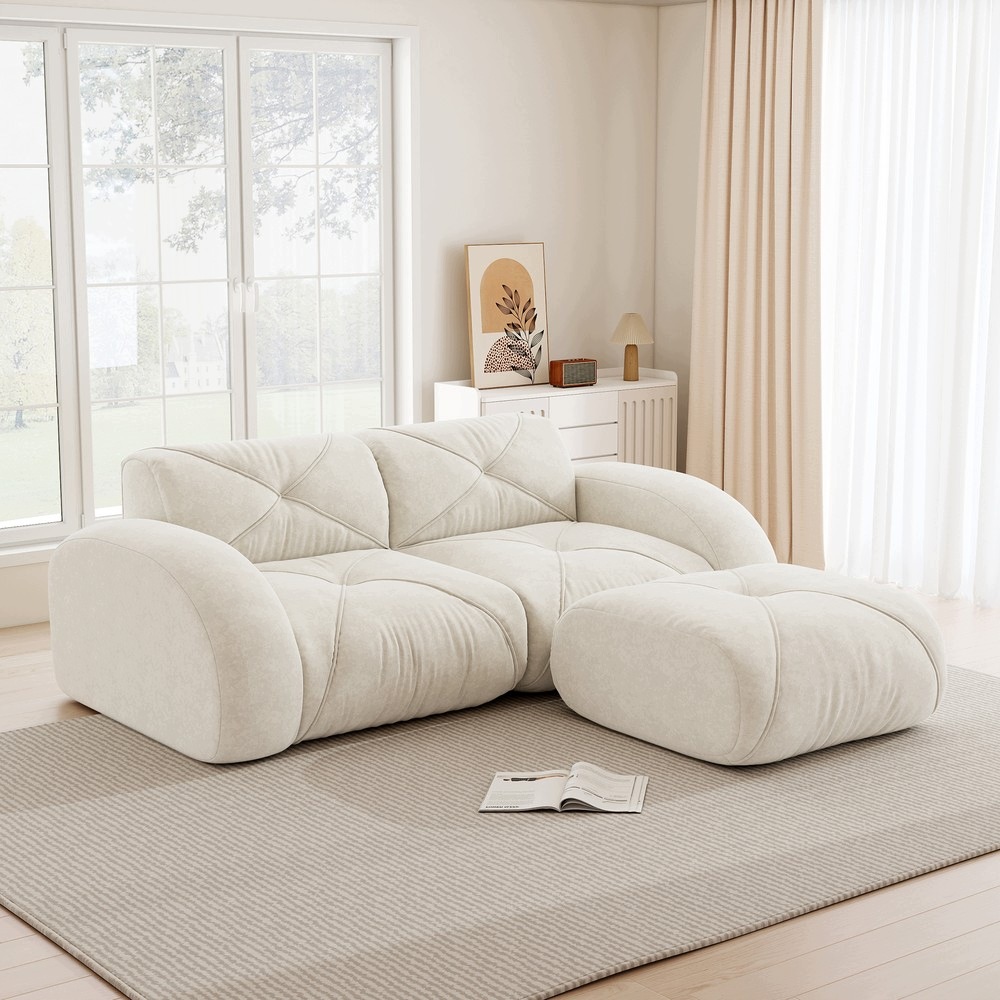 Sofa modułowa 2-osobowa z podnóżkiem, pianka 32D, chenille biała
