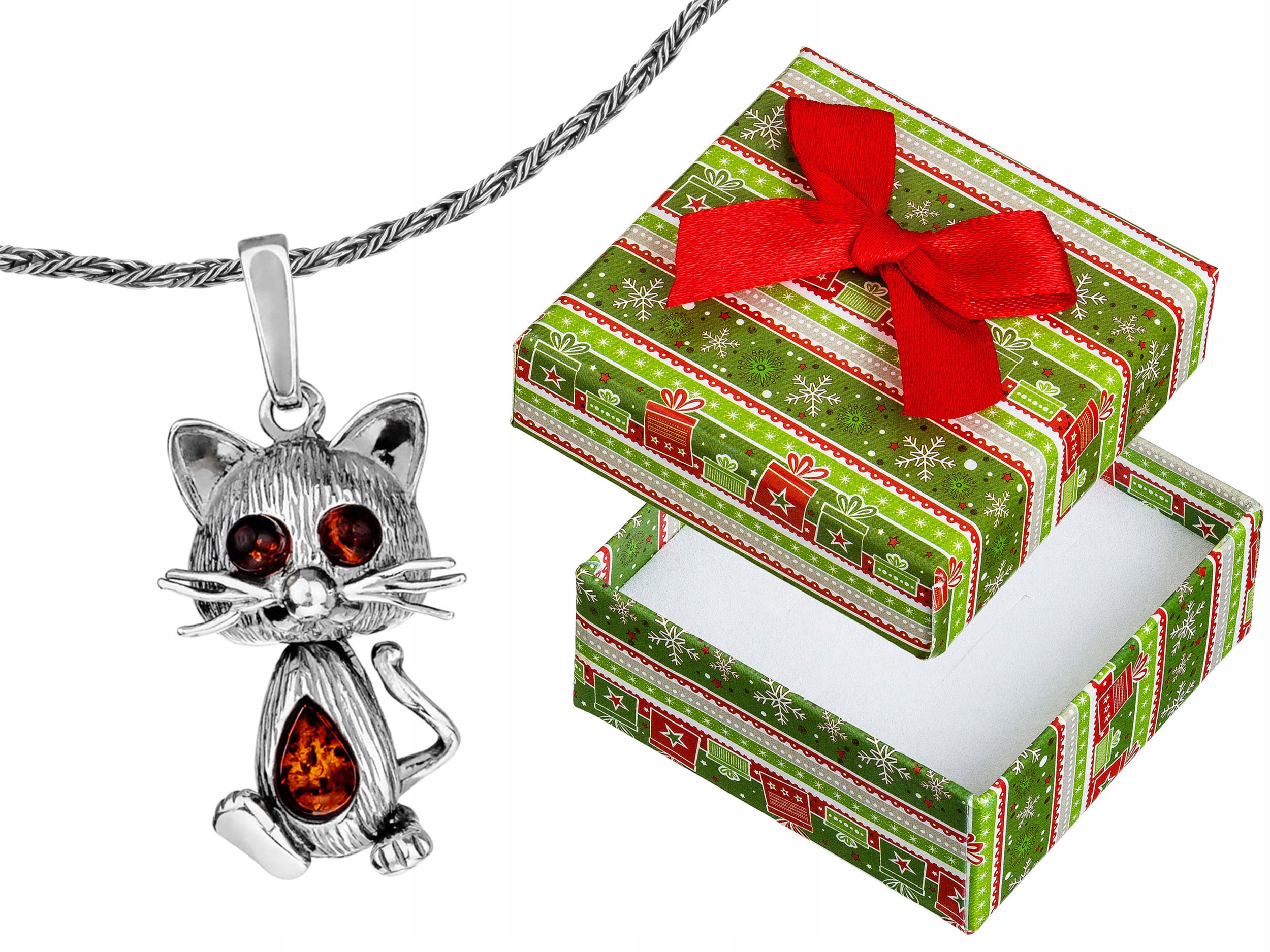 Velký Stříbrný Oxidovaný Náhrdelník Kočka s Jantarem Koťátko Jantar Choker 40