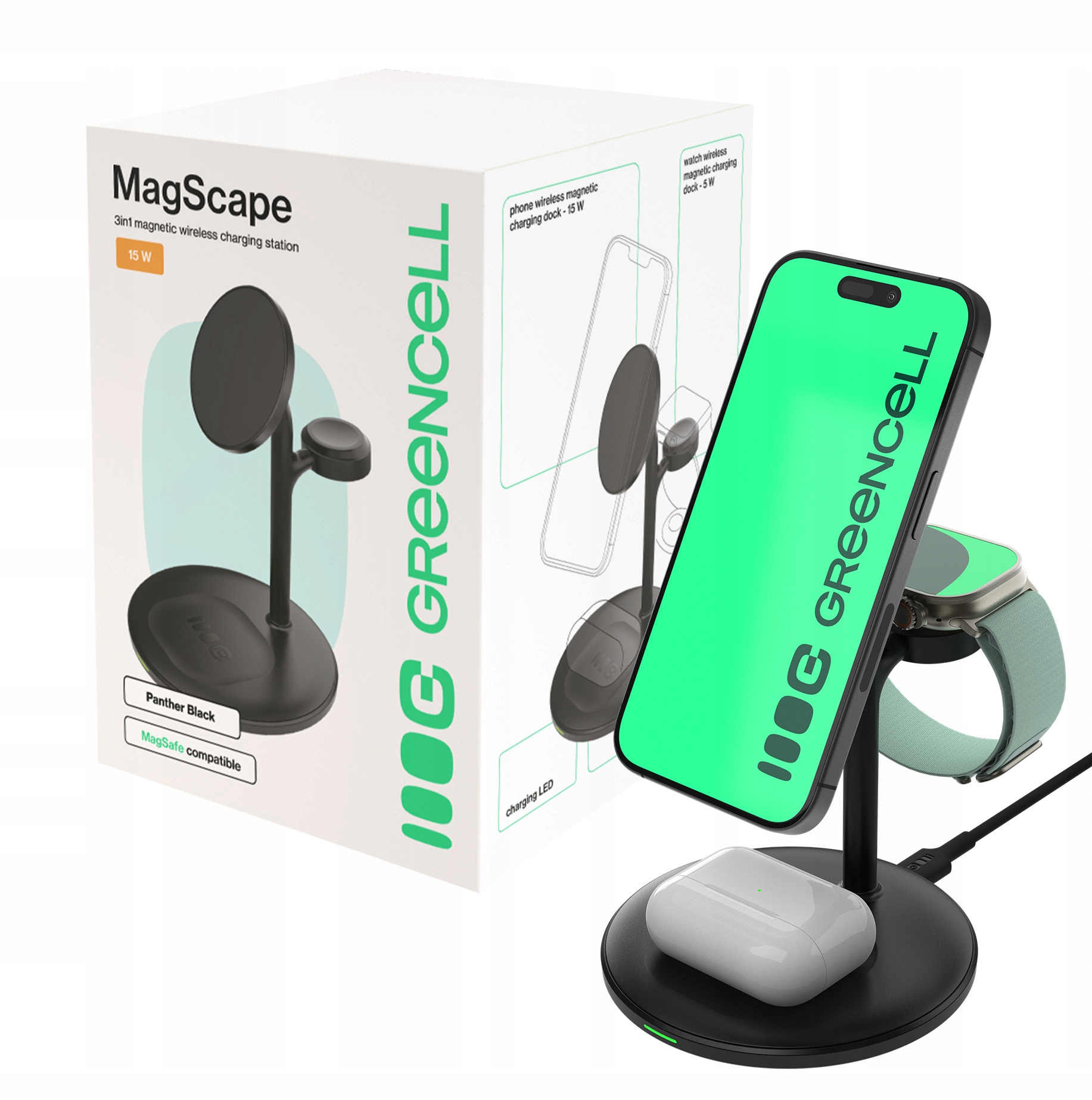 Ładowarka Greencell MagScape indukcyjna bezprzewodowa 3w1 MagSafe iPhone