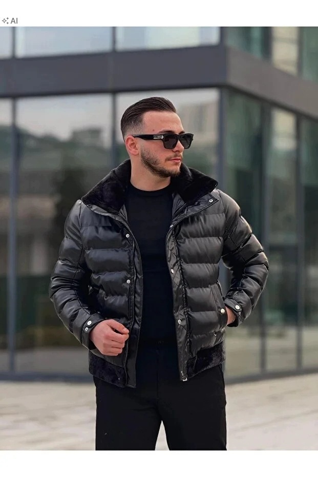 Pánská Lesklá Prošívaná Bunda S Límcem, Černá, Velikost 5IA