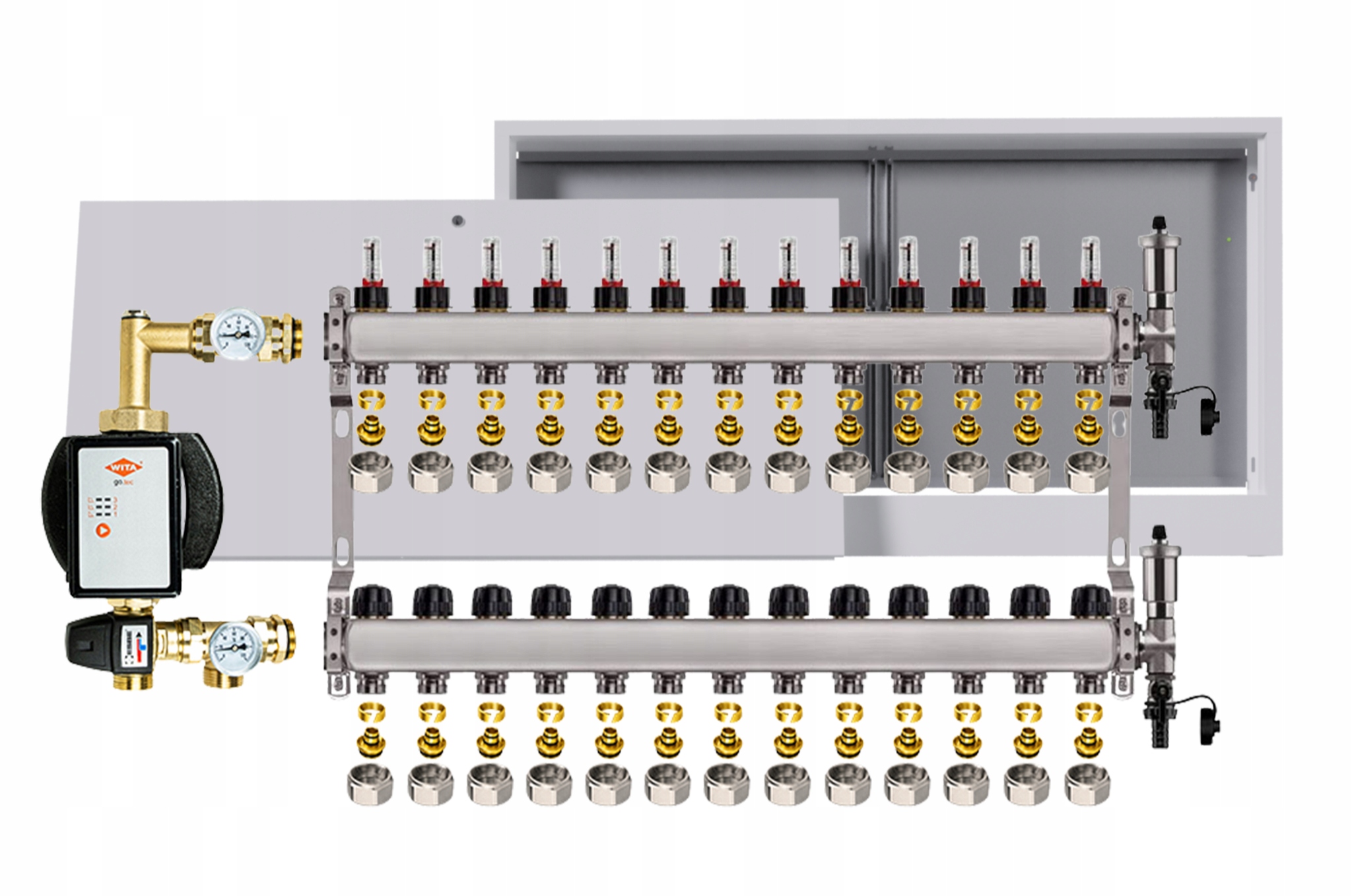 Rozdělovač pro podlahu nerezový 13 okruhů s čerpadlem Wita box +pex