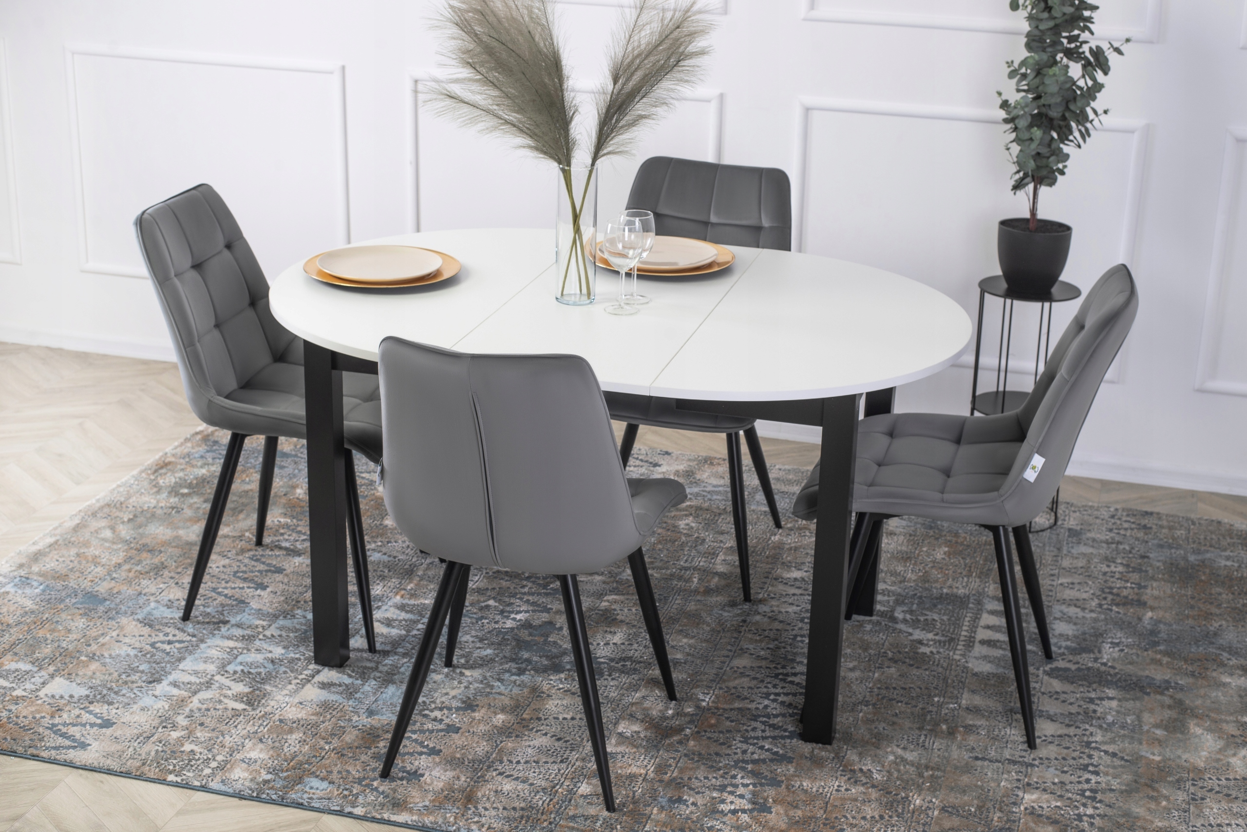 Zestaw Stół Z Krzesłami Rozkładany Biały Okrągły Do Salonu Stół Kuchenny Kolor korpusu krzesła czarny