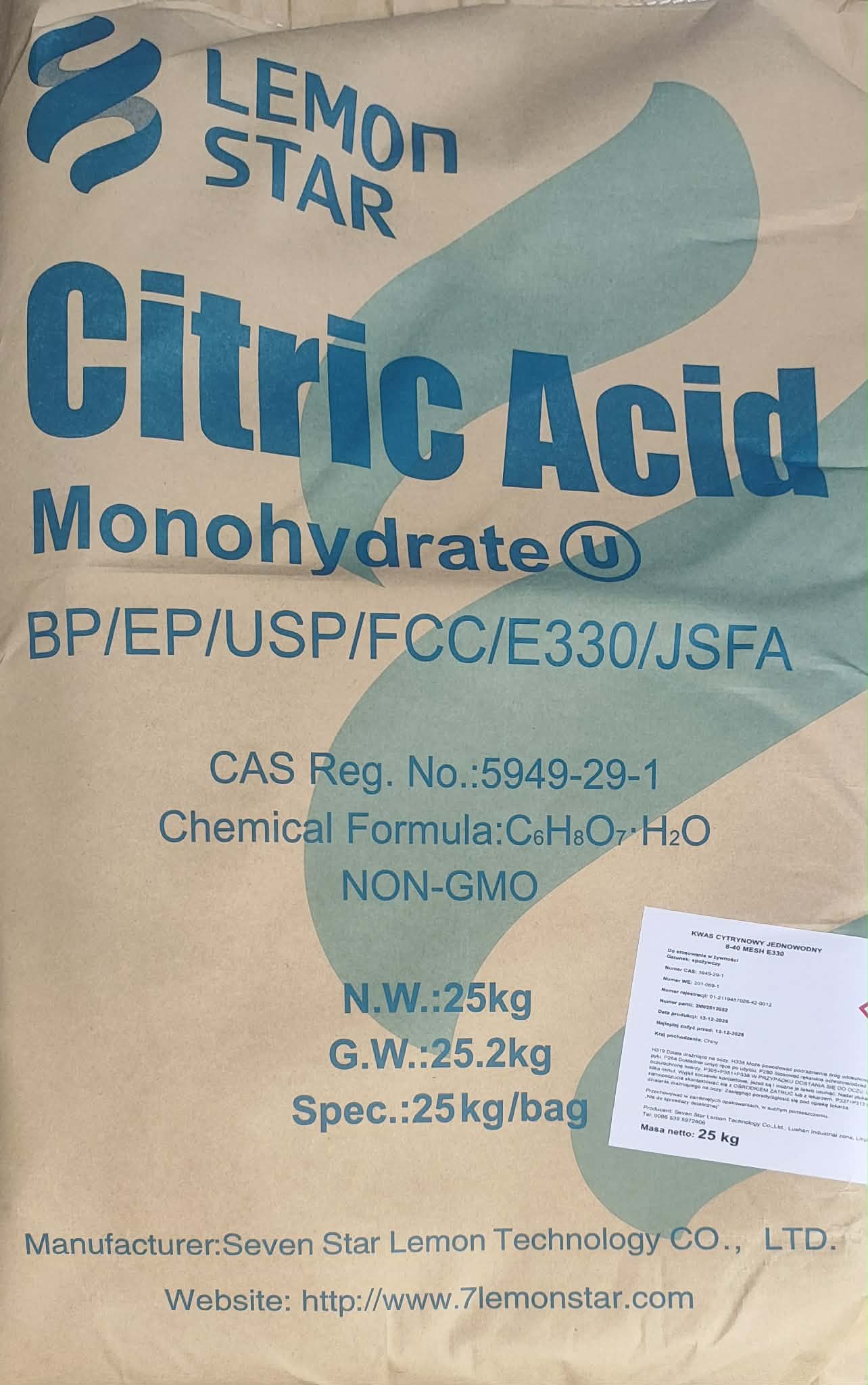 Kwas cytrynowy kwasek spożywczy E330 25kg Spożywczy czysty Orisa