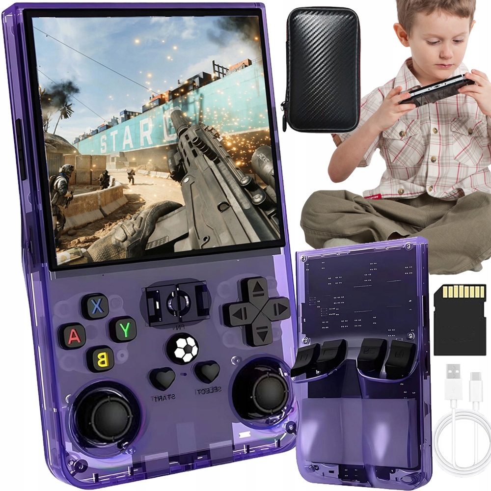 R36MAX Konsola Retro 18000 Gier Mini Przenośna Konsola Gier 64GB Fioletowa