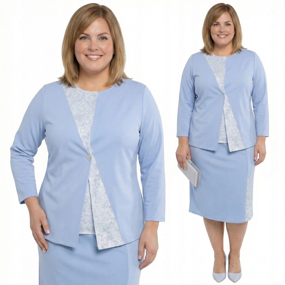 Modrý komplet s lesklou květinovou krajkou plus size velikost 48/50