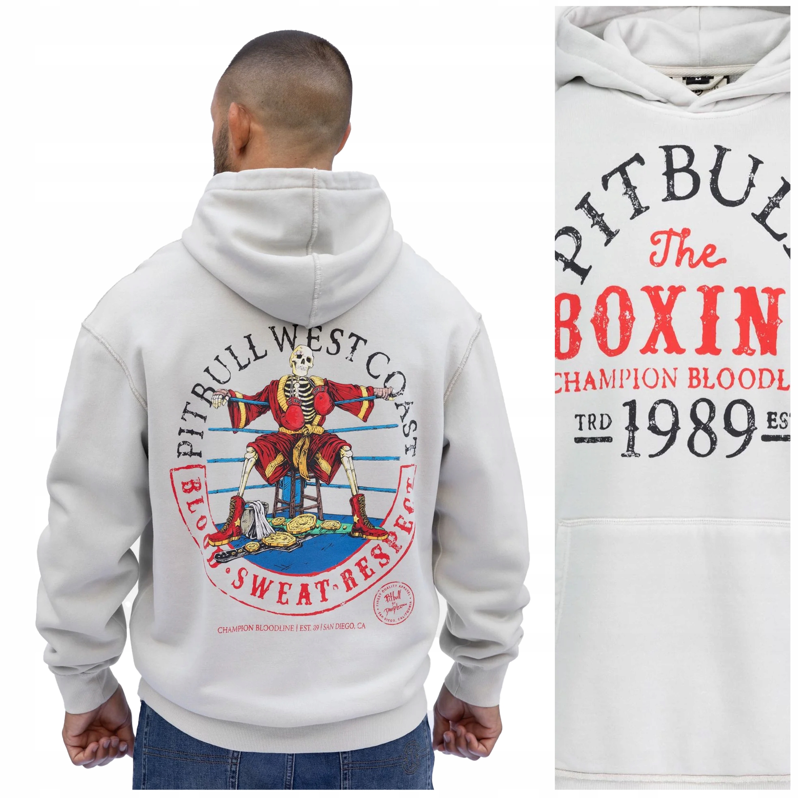 Pánská mikina s kapucí washed Pit Bull „champion Bloodline“ – vel. S bílá