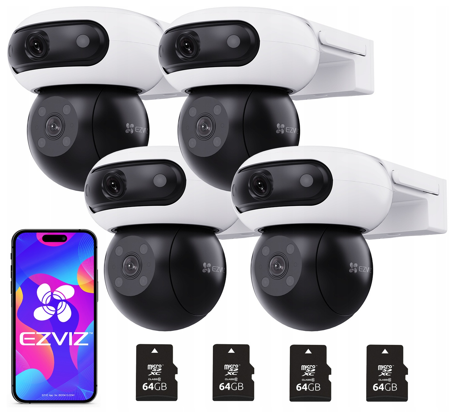 4 kamery Ezviz 2K+ C90 Dual Mikrofón Reproduktor Autotracking karta 64 Gb