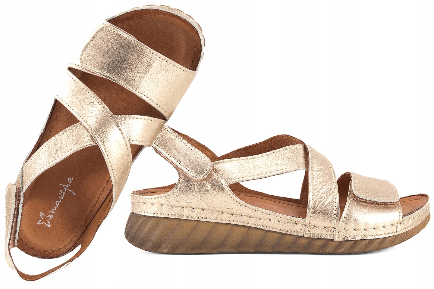 Maciejka L6848-25 Dámské Kožené Sandály Komfort Na Klínku, zlaté 39