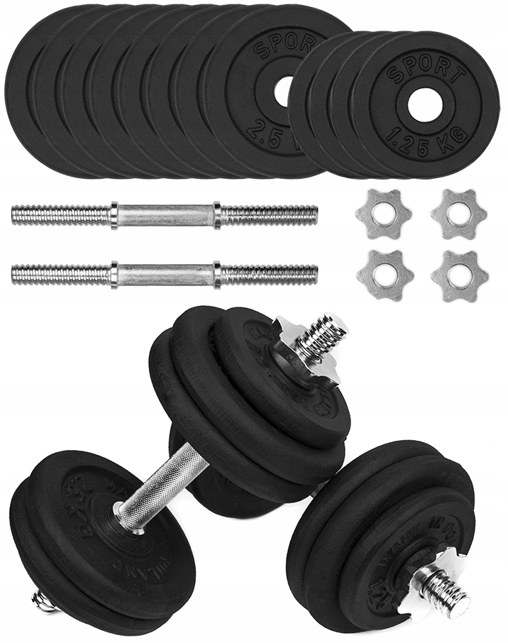 

Hantle Żeliwne 2x15 kg gryf talerze zestaw 30kg