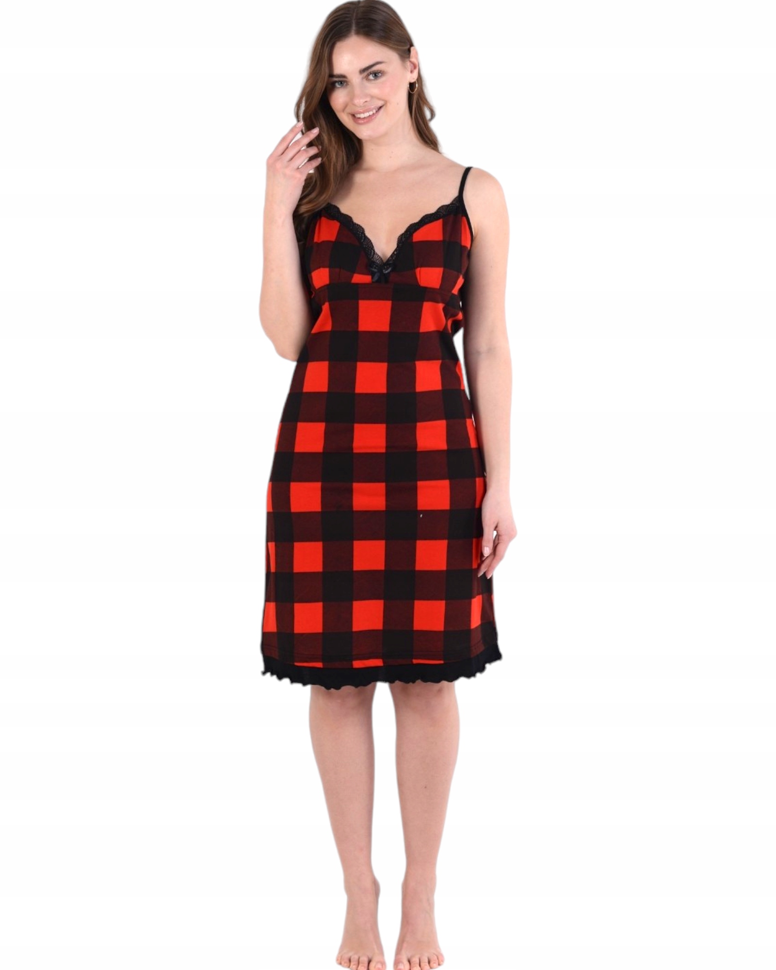 Koszula nocna damska na ramiączkach czerwono-czarna w kratę bawełniana M EAN (GTIN) 5906438382792