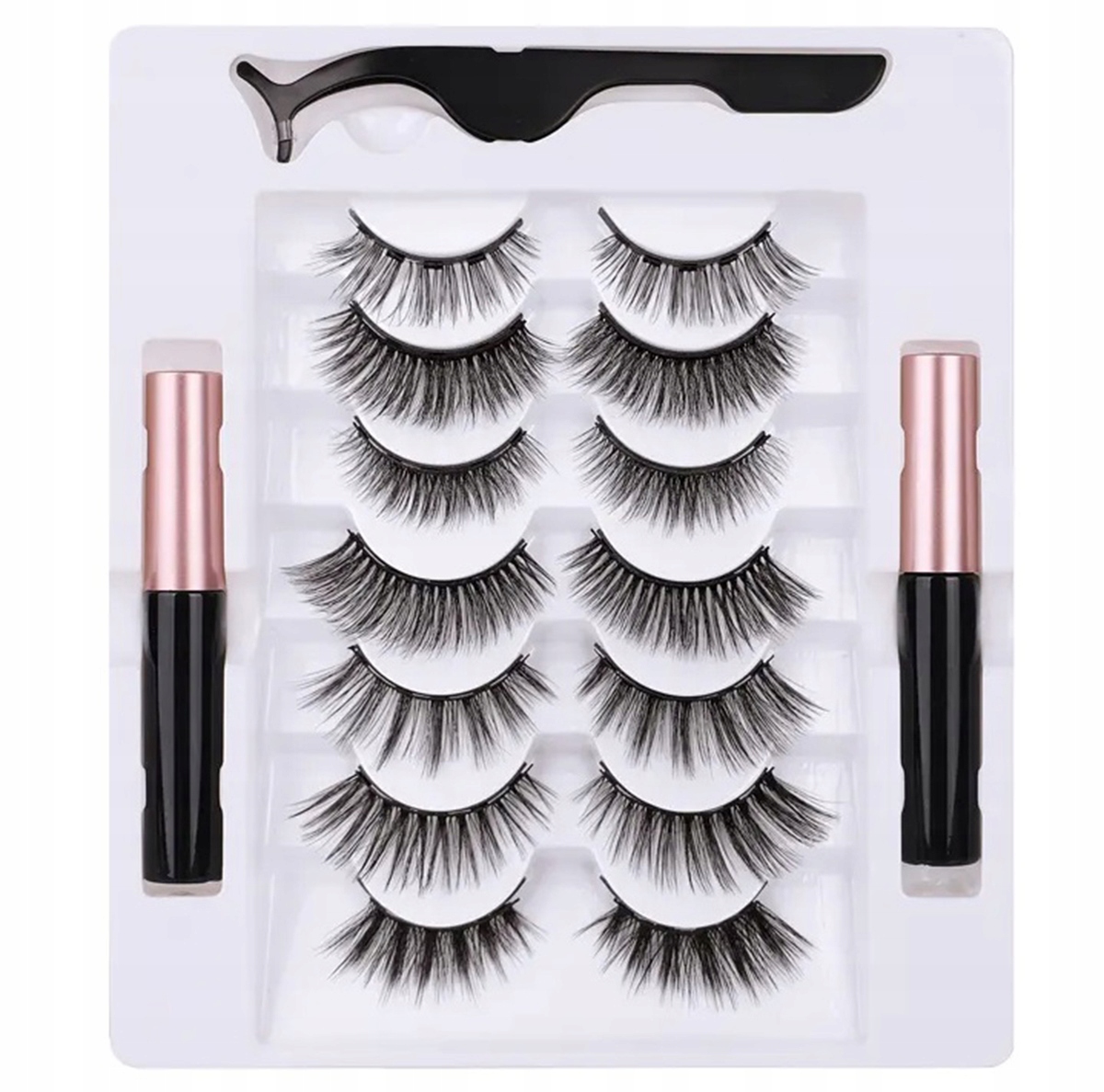SZTUCZNE RZĘSY MAGNETYCZNE DŁUGIE ZESTAW 7 PAR + PĘSETA EYELINER AG851B
