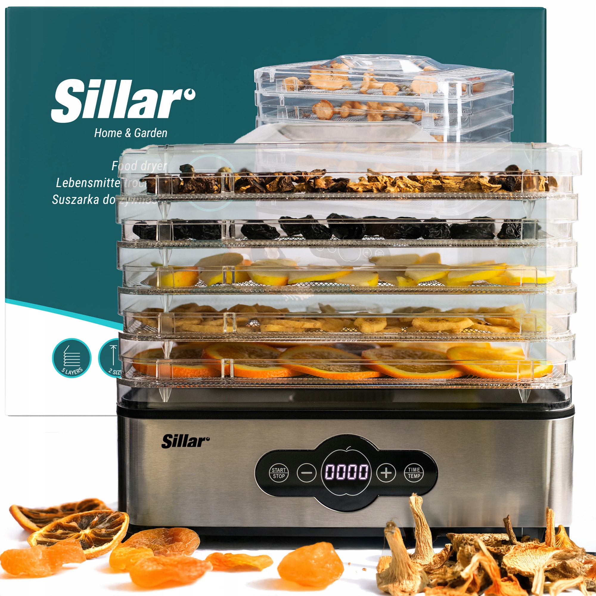 Sušička potravin na houby a ovoce Zeleniny s časovačem a 5 síty Sillar