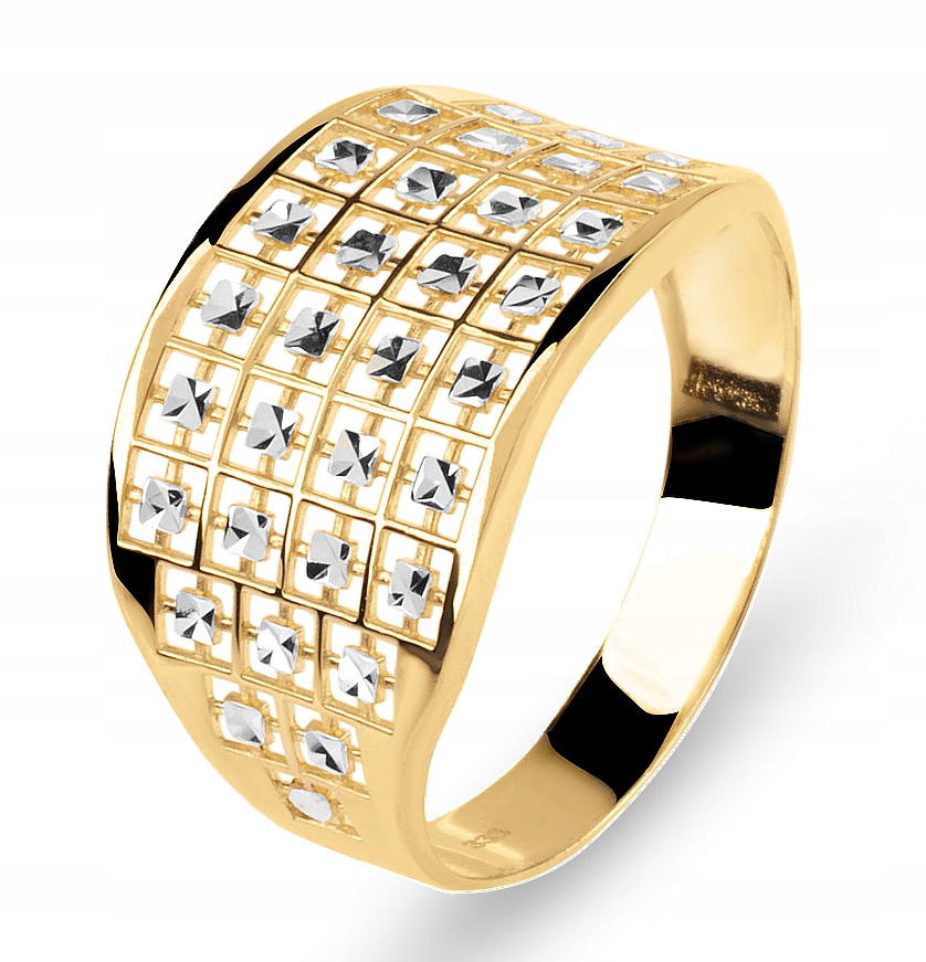 Złoty Szeroki Pierścionek Wzór Ażur Bogaty 585