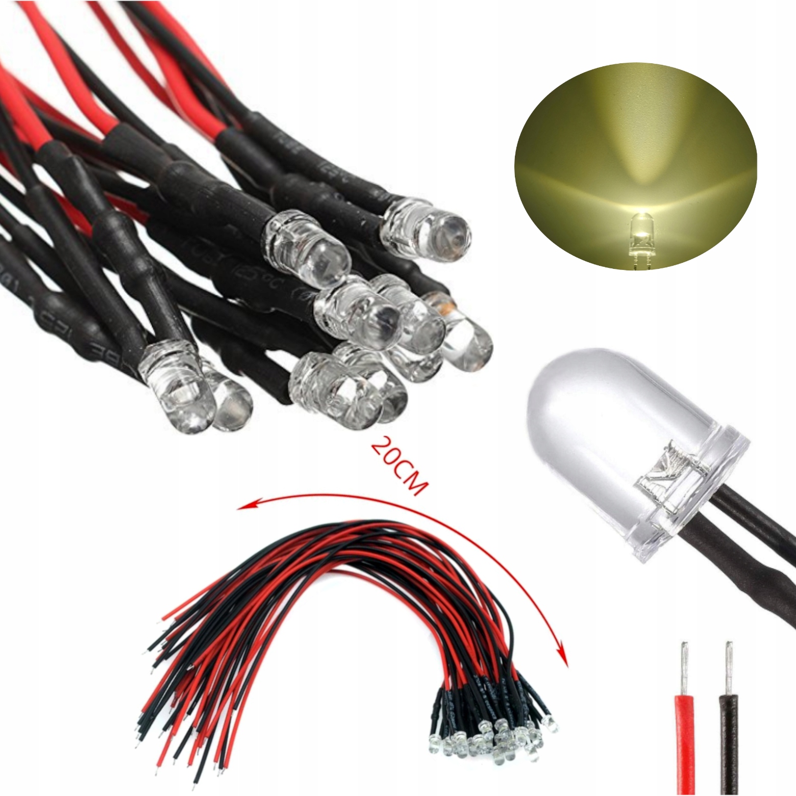 Dioda LED DIP 3mm 12V biały przewód 20 cm - 10x