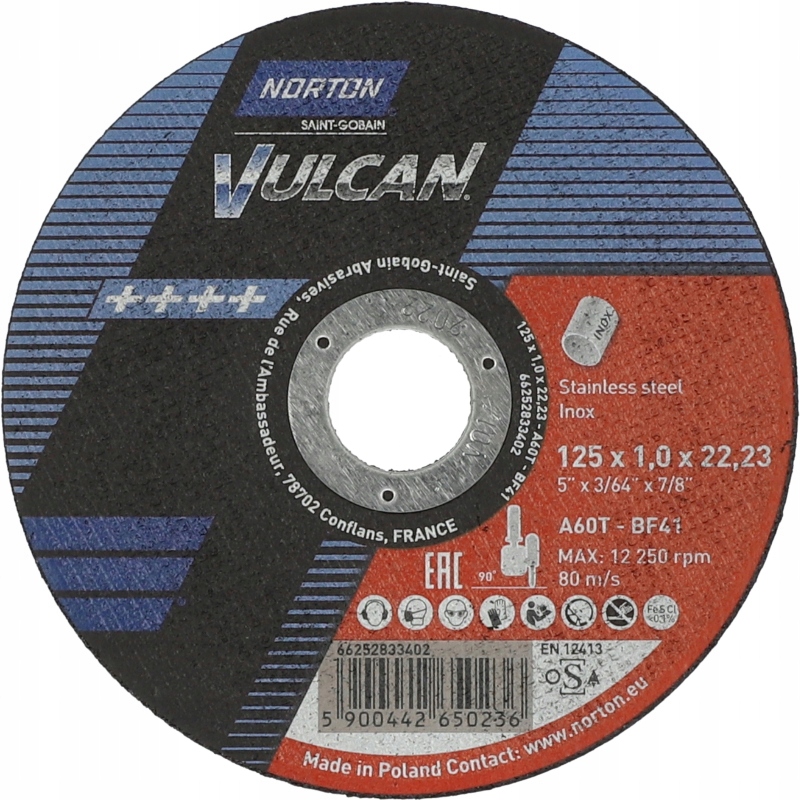 Tarcza do cięcia stali nierdzewnej i metalu NORTON VULCAN INOX 125x1x22 mm