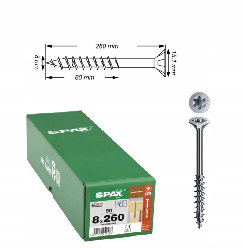 Šroub pro dřevěné konstrukce Wirox Tx 8 x 260 50 ks
